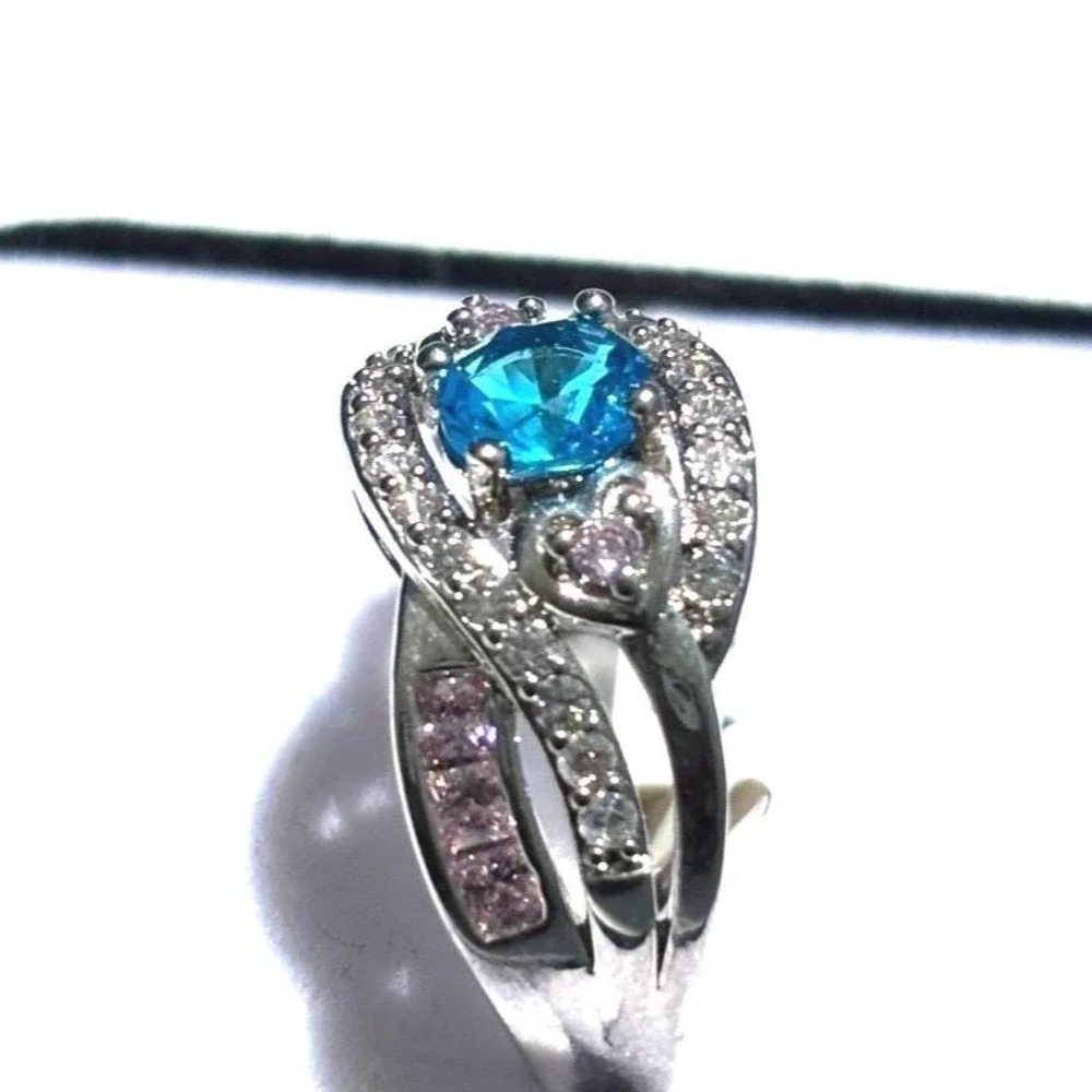 Ring Sterling Silver Blue Pink CZ Heart Statement 7  New